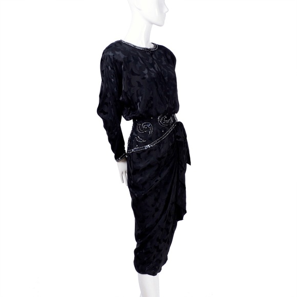 A.J. BARI 100% Silk 1980s Vintage Black Dress Asymmetrical Beaded with Sequins - Picture 2 of 13